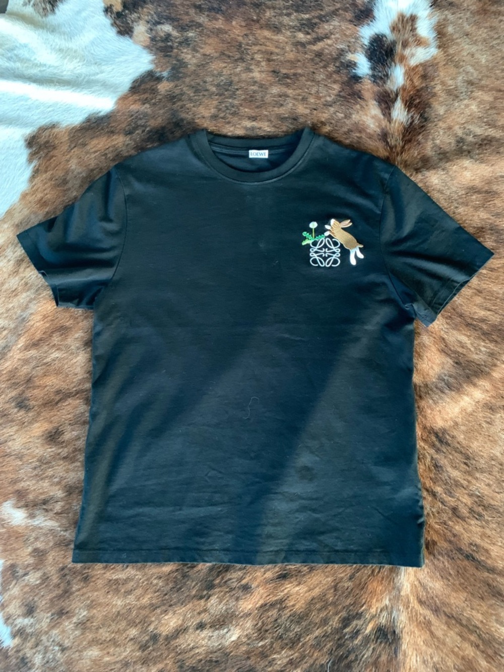 Loewe Black Cotton Tee with Embroidered Bunny and Logo
